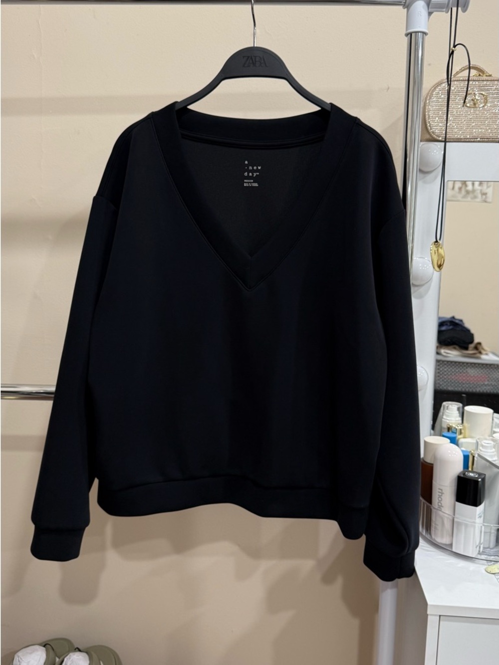 A New Day Black V-Neck Sweatshirt Size M Minimalist Oversized Pullover